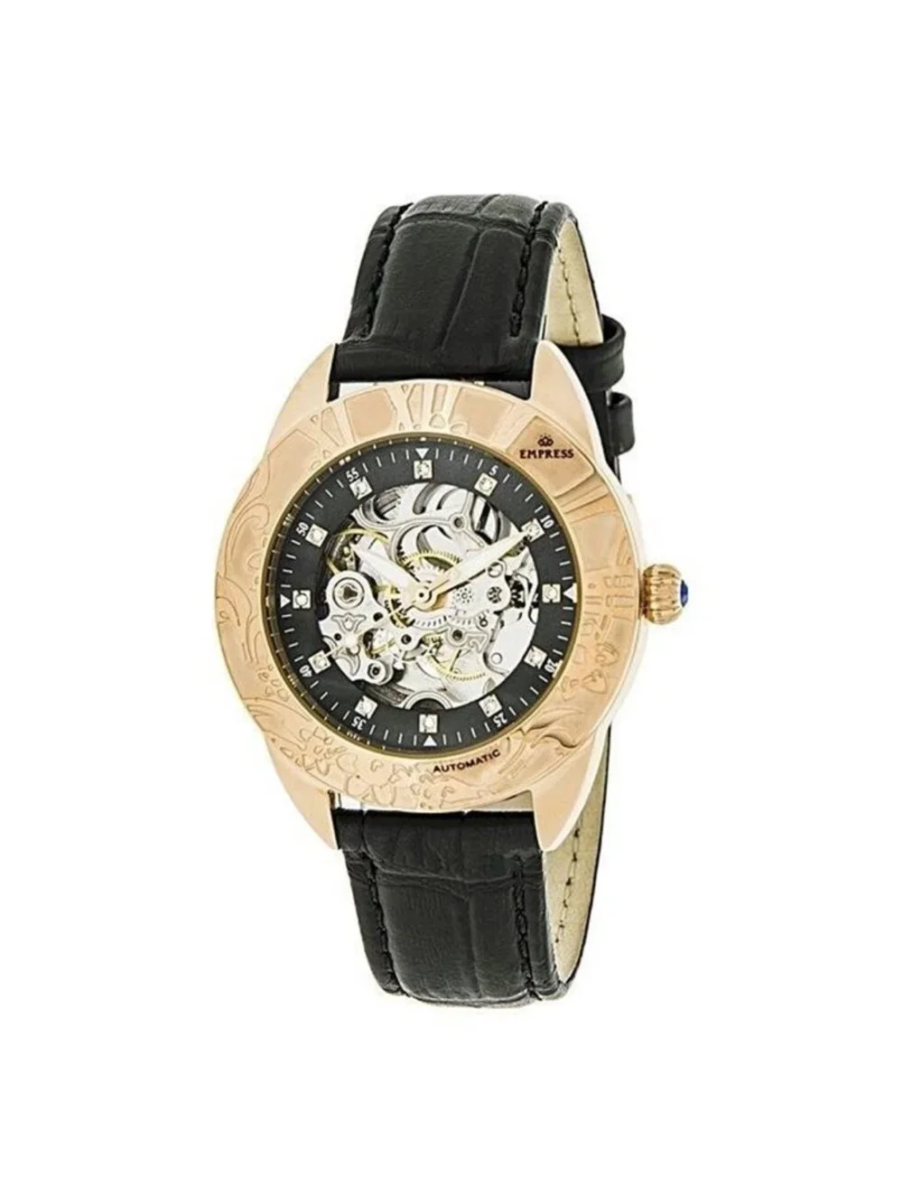 NWT Empress Godiva White Mother of Pearl Dial Black Leather Strap Automatic Ladi